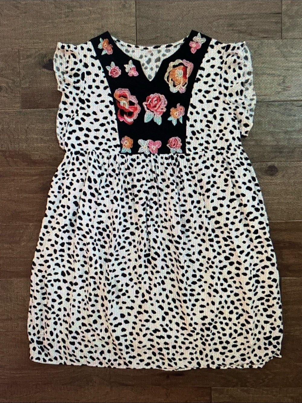 Black & White Spot Mini Dress with Floral Embroidered Yoke